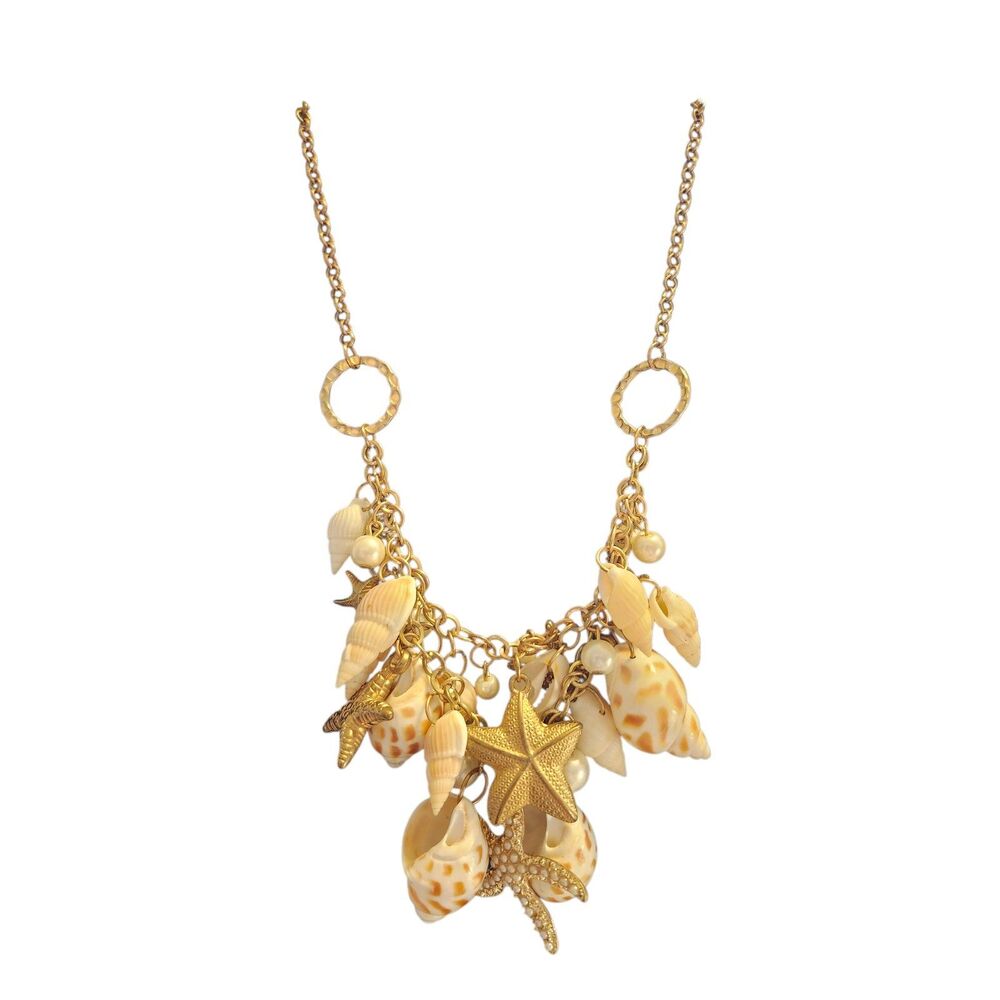 Ocean Seashell Faux Pearl Starfish Conch Layered Statement Necklace Gold Tone 21